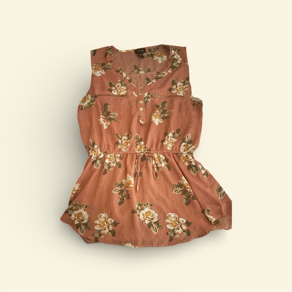 Justify Floral Sleeveless Blouse Size Large | Drawstring Waist Boho Top